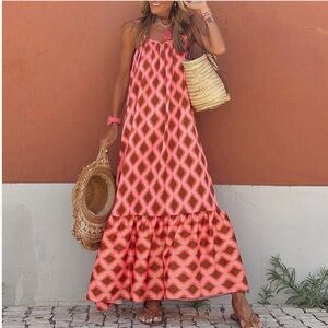🩷 BREEZY & FLOWY GEOMETRIC PRINT TIERED MAXI DRESS WITH ADJUSTABLE STRAPS,